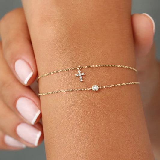 14K Solid Gold Round Diamond Cross Charm Bracelet 0.07 Carat