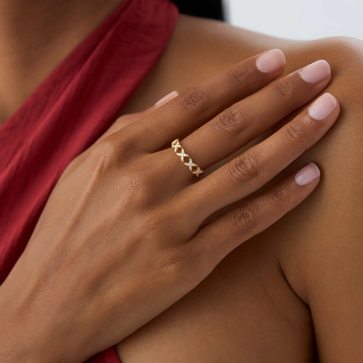 14K Solid Gold Round Diamond 0.22 Carat Pave Setting X Ring