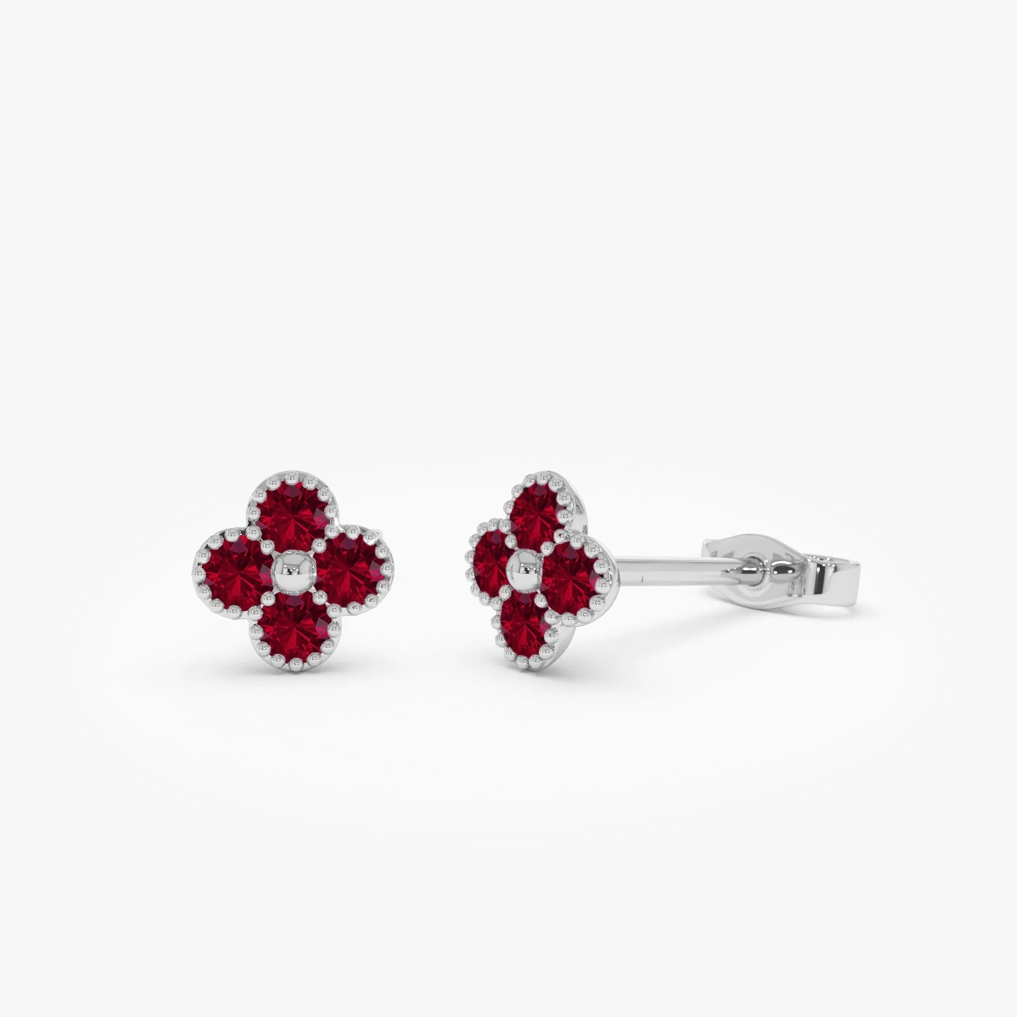 14k Gold Ruby Round Cut Clover Beaded Stud Earrings 0.35 ctw