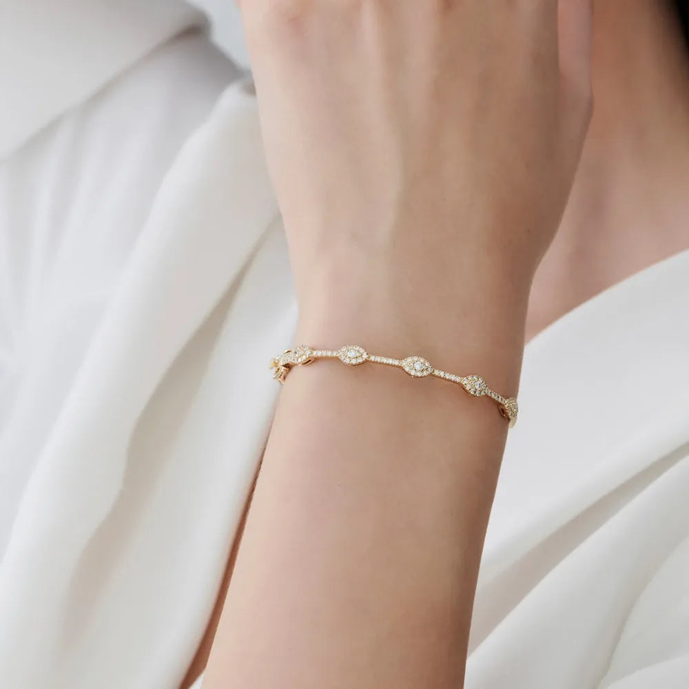 14K Solid Gold 0.99 CTW Round Diamond Marquise Shape Bangle