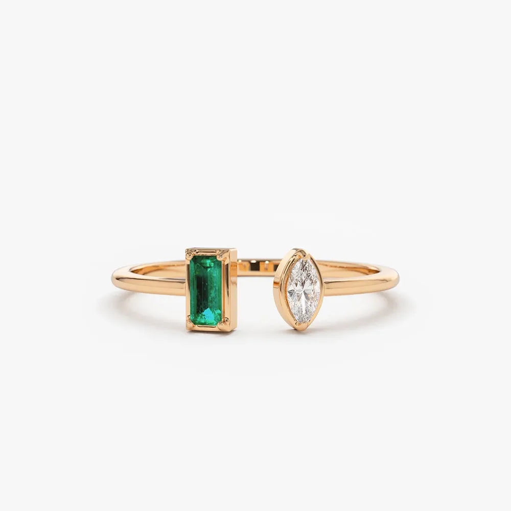14K Solid Gold Emerald Cut Emerald and Marquise Diamond Cuff Ring 0.23 CTW Handcrafted Jewelry