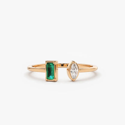 14K Solid Gold Emerald Cut Emerald and Marquise Diamond Cuff Ring 0.23 CTW Handcrafted Jewelry