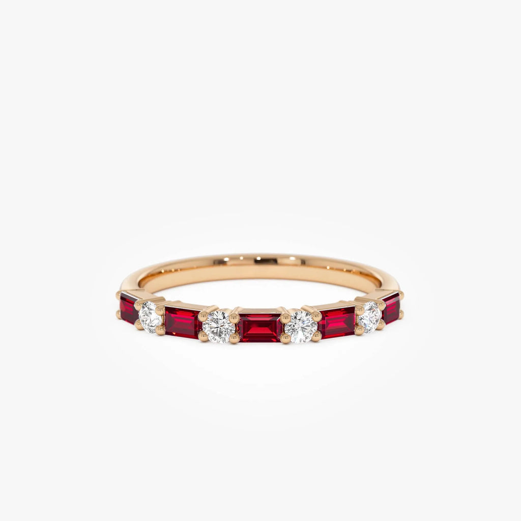 14k Gold Ruby and Diamond Baguette and Round Cut Prong Setting Ring 0.54 ctw