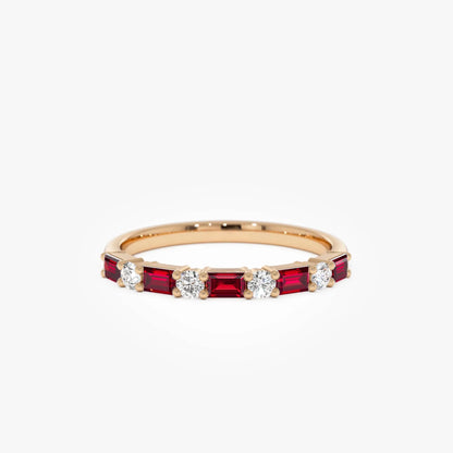 14k Gold Ruby and Diamond Baguette and Round Cut Prong Setting Ring 0.54 ctw