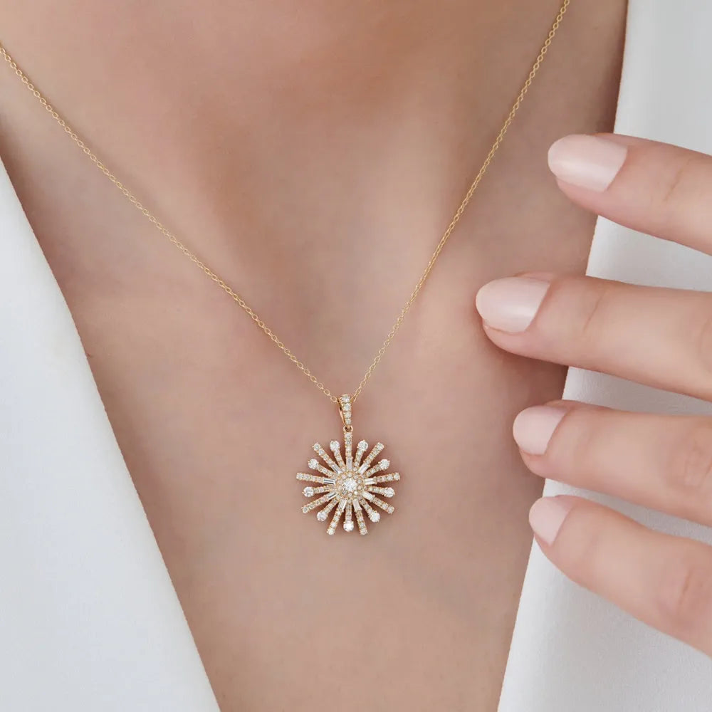 14K Solid Gold Baguette and Round Diamond Unique Statement Necklace 0.90ctw