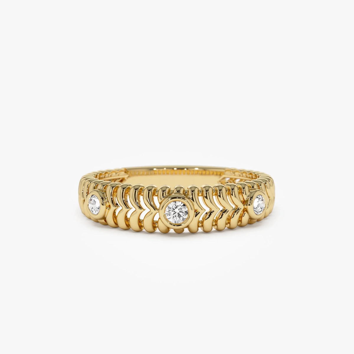 14K Solid Gold Round Diamond 0.12 Carat Ribbed Three Stone Ring