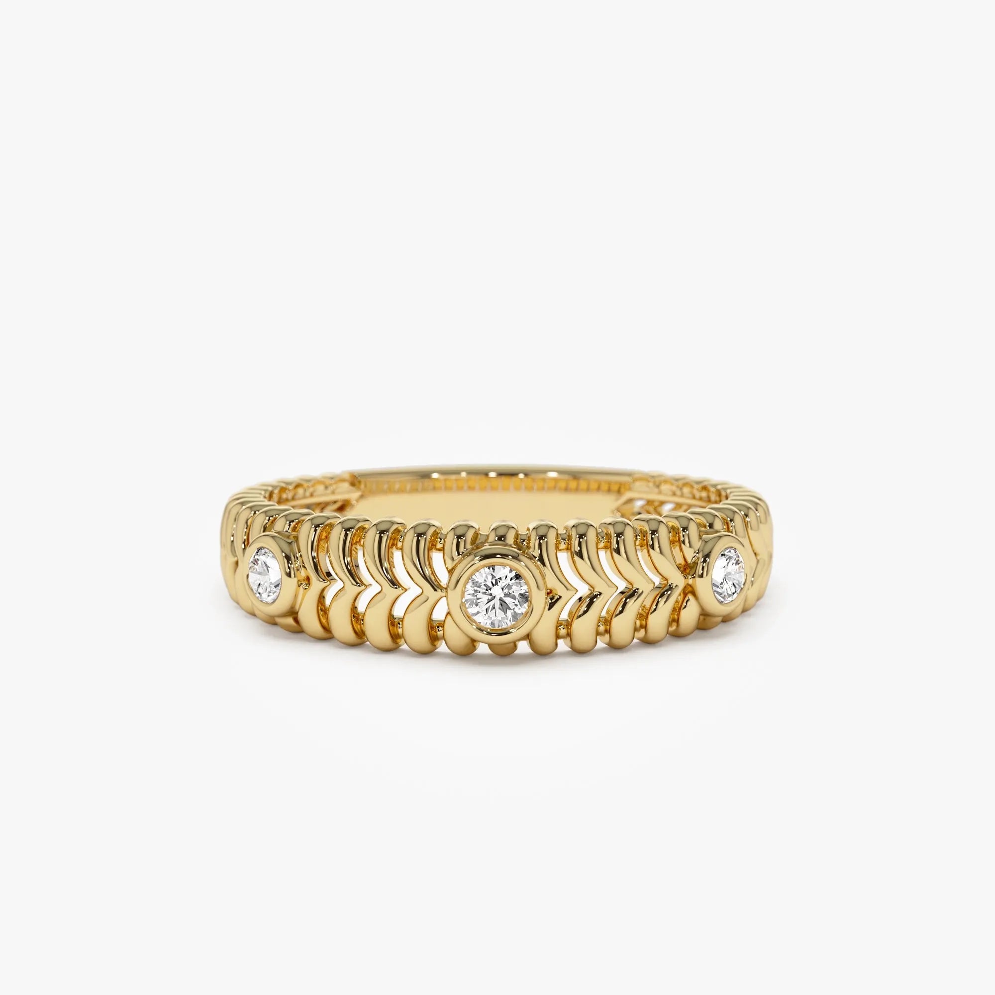 14K Solid Gold Round Diamond 0.12 Carat Ribbed Three Stone Ring