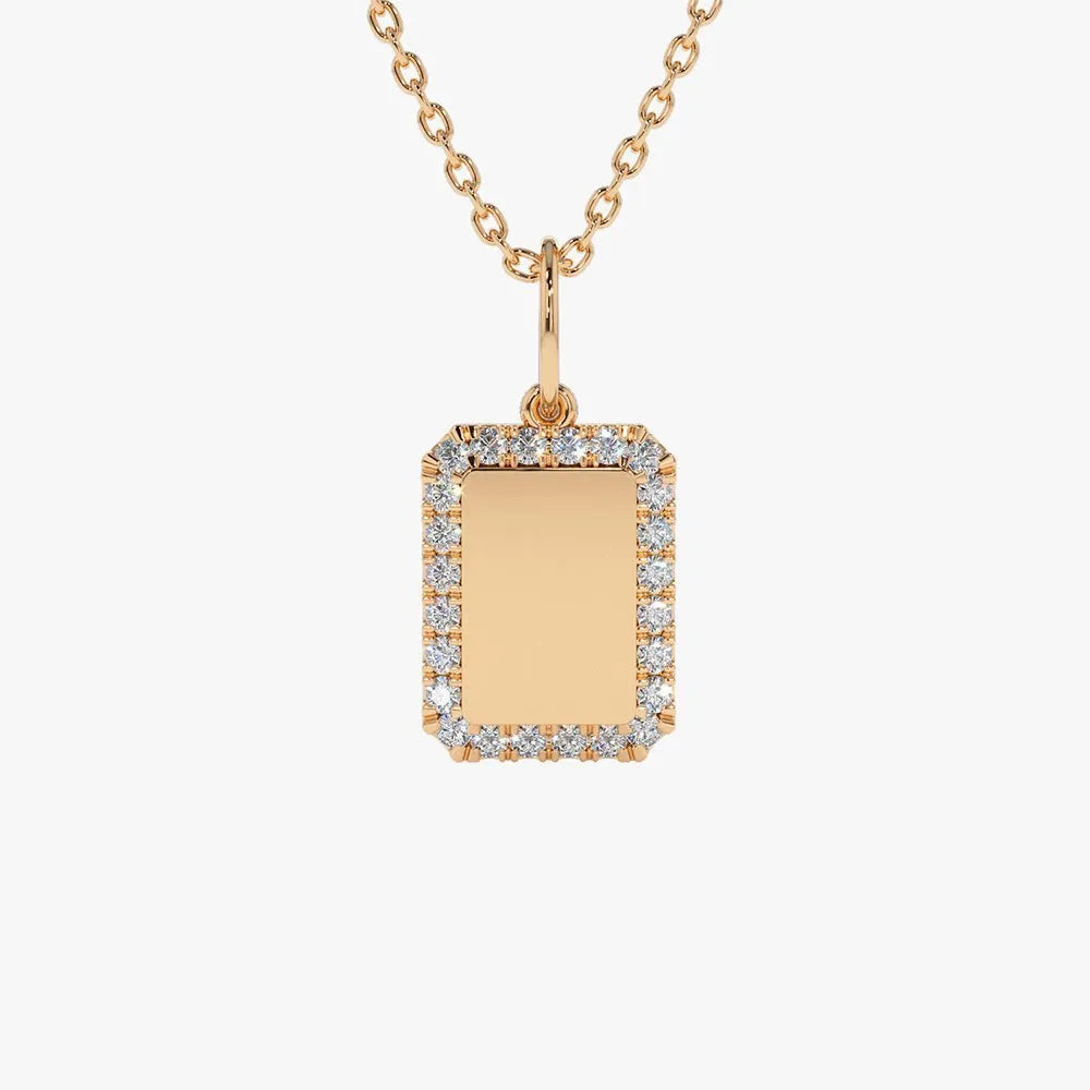 14K Solid Gold Round Diamond Tag Initial Personalized Necklace 0.18ctw