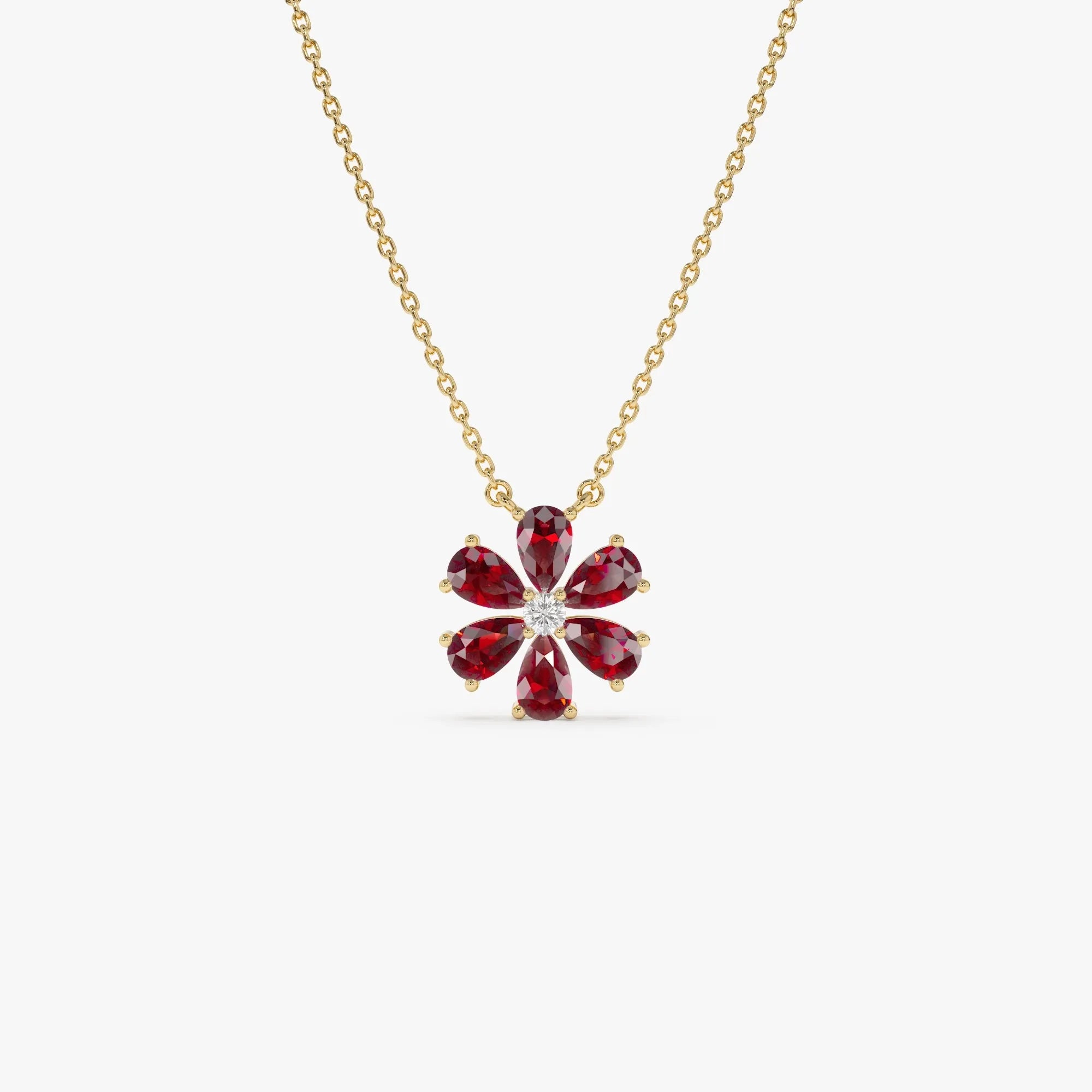 14k Solid Gold Garnet and Diamond Pear and Round Flower Necklace 1.80 Carat