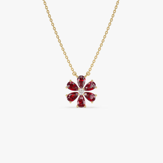 14k Solid Gold Garnet and Diamond Pear and Round Flower Necklace 1.80 Carat
