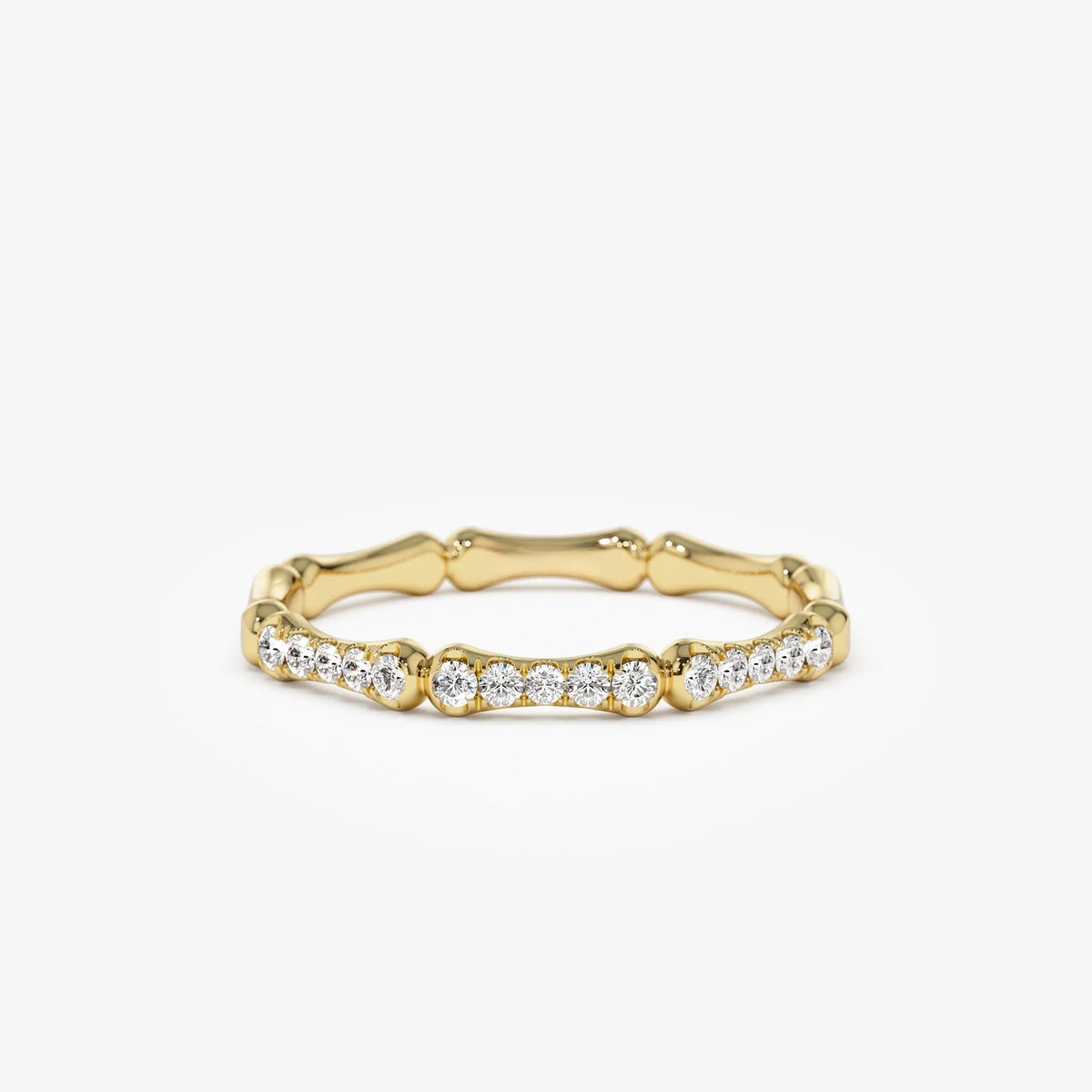 14k Gold Round Diamond Bamboo Pave Ring 0.15 ctw 2mm Band