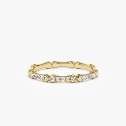 14k Gold Round Diamond Bamboo Pave Ring 0.15 ctw 2mm Band