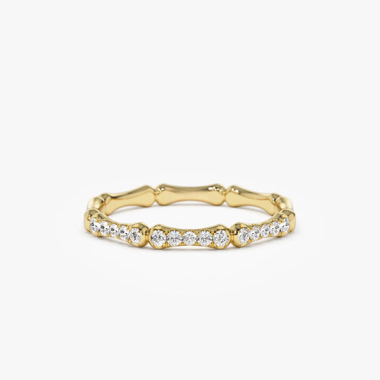 14k Gold Round Diamond Bamboo Pave Ring 0.15 ctw 2mm Band