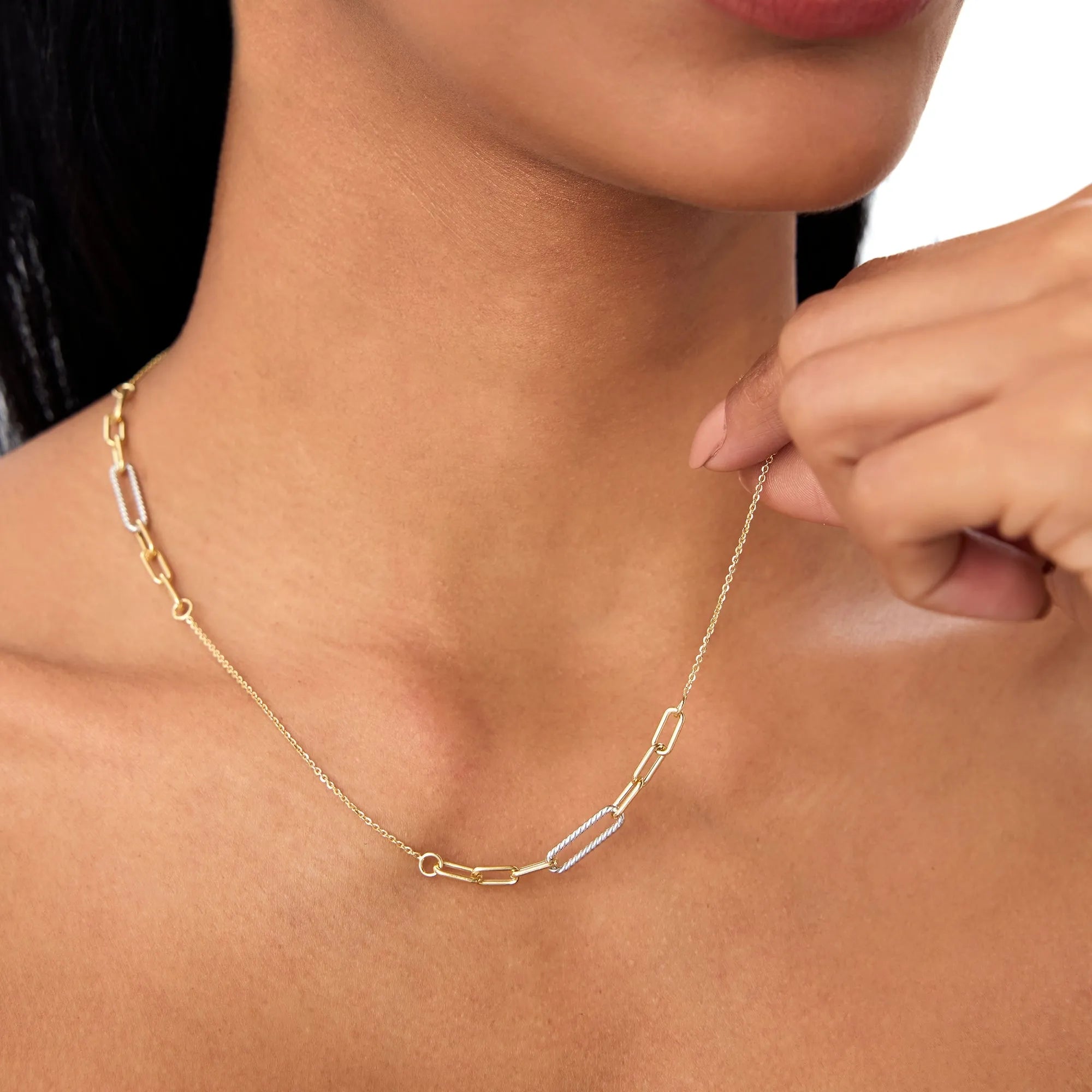 14k Solid Gold Two Tone Rope and Paperclip Link Layering Necklace