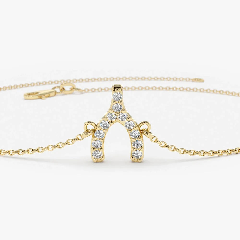 14K Solid Gold Round Diamond Wishbone Charm Bracelet Micro Pave 0.08 Carat
