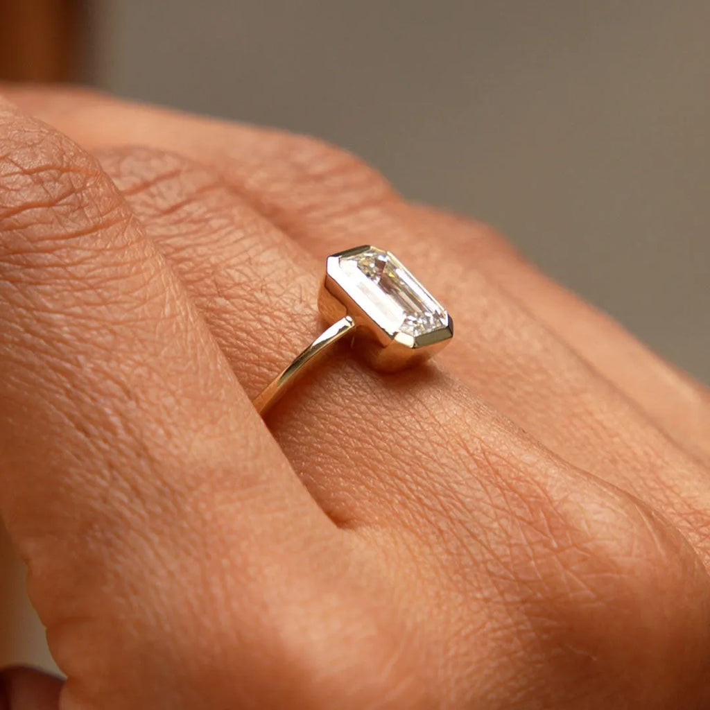 14k Gold 1.50 Carat Emerald Cut Lab Grown Diamond Bezel Setting Engagement Ring IGI Certified