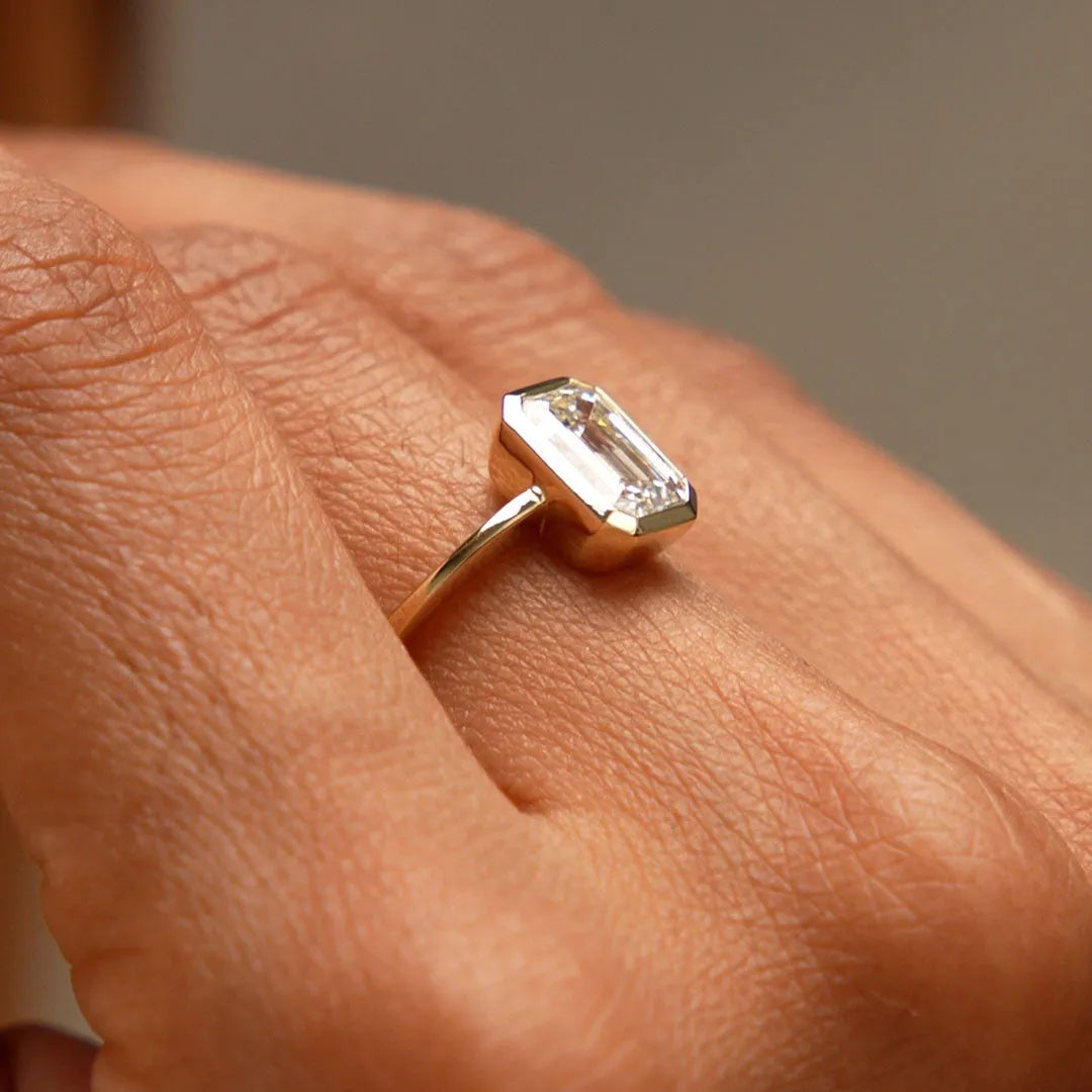 14k Gold 1.50 Carat Emerald Cut Lab Grown Diamond Bezel Setting Engagement Ring IGI Certified