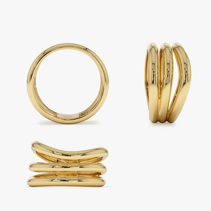 14k Solid Gold Stacked Chunky Curved Statement Ring