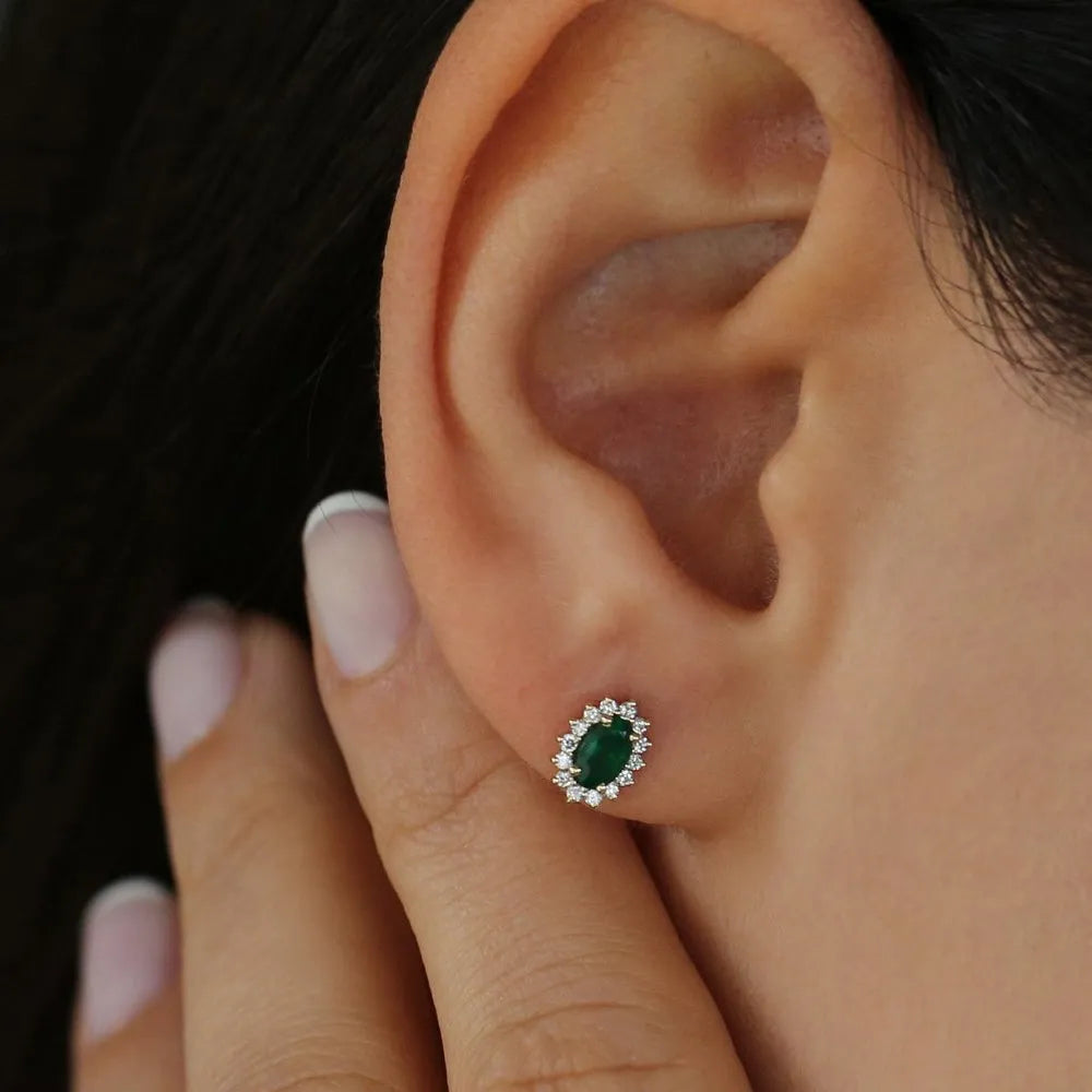 14k Solid Gold Oval Emerald and Round Diamond Halo Earrings 0.37 ctw