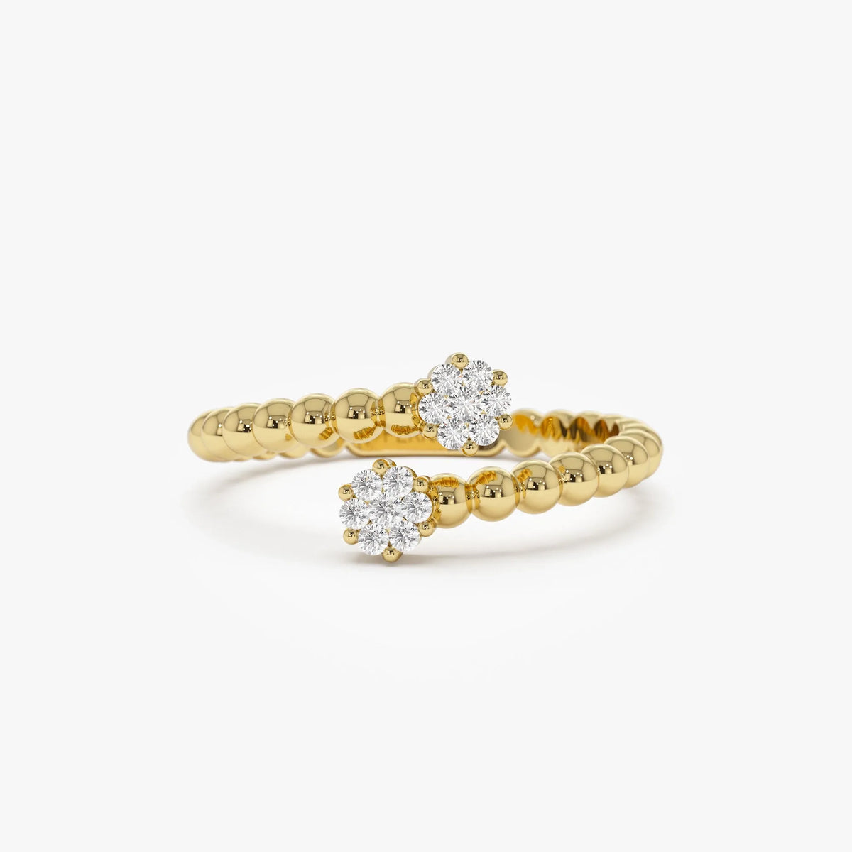 14k Solid Gold Round Diamond 0.14 ctw Beaded Open Bypass Illusion Ring