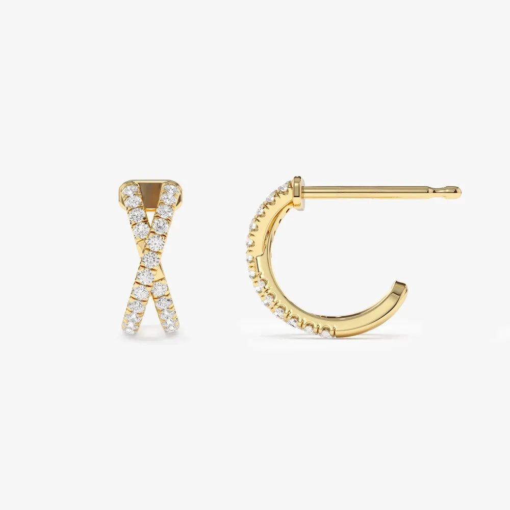 14k Gold Diamond Round Cut Criss Cross Hoop Earrings Micro-Pave 0.35 ctw