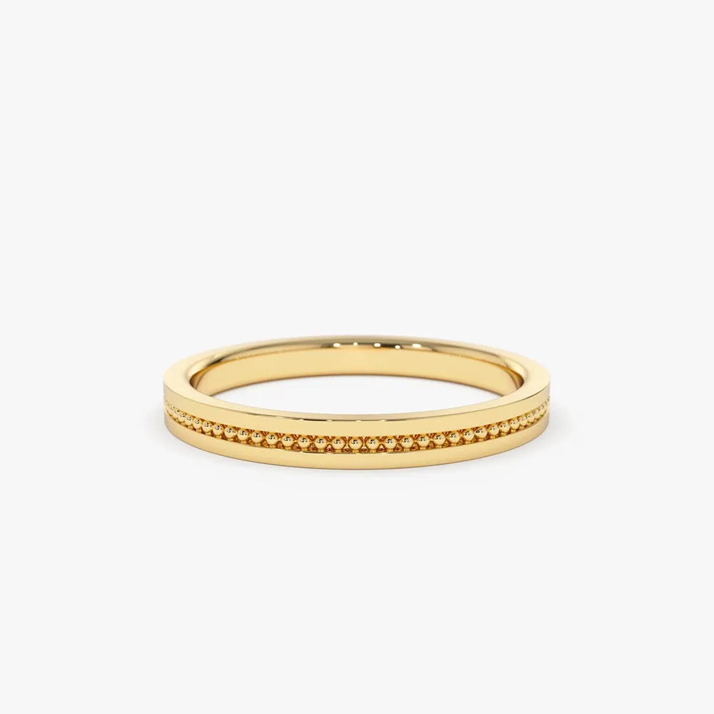 14K Solid Gold 2mm Beaded Stacking Wedding Band Ring