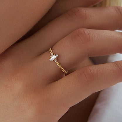 14k Solid Gold Baguette and Round Diamond Beaded Stacking Ring 0.12 ctw