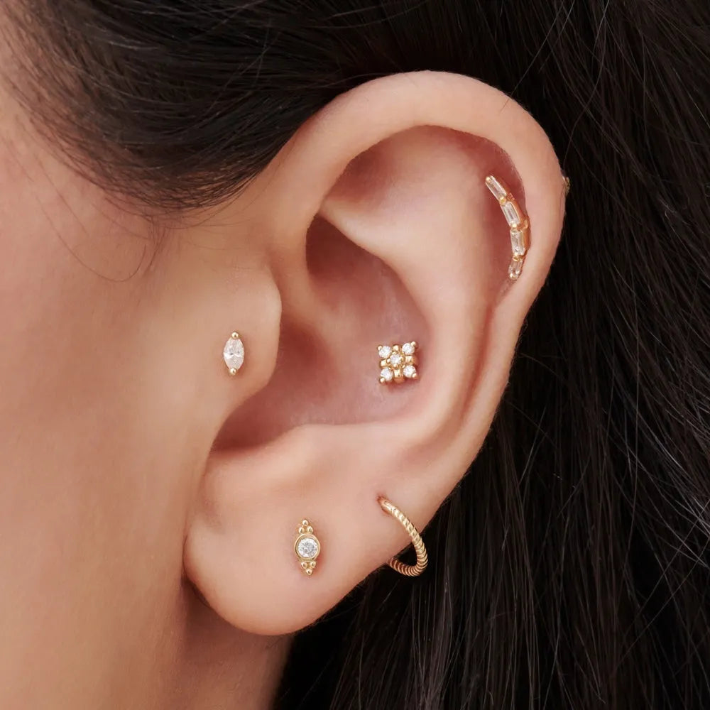 14k Gold Diamond Round Cut Six Dot Helix Piercing Single Earring 0.04 ctw