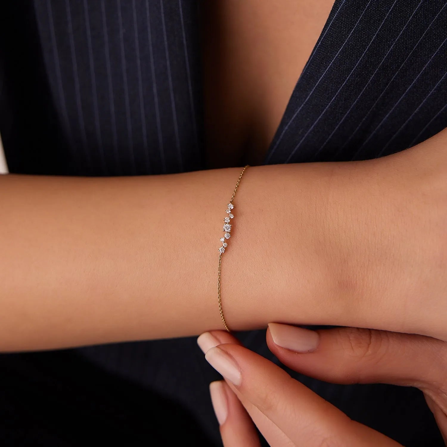 14K Solid Gold Round Diamond Multi Stone Cluster Chain Bracelet Prong Setting 0.27 Carat