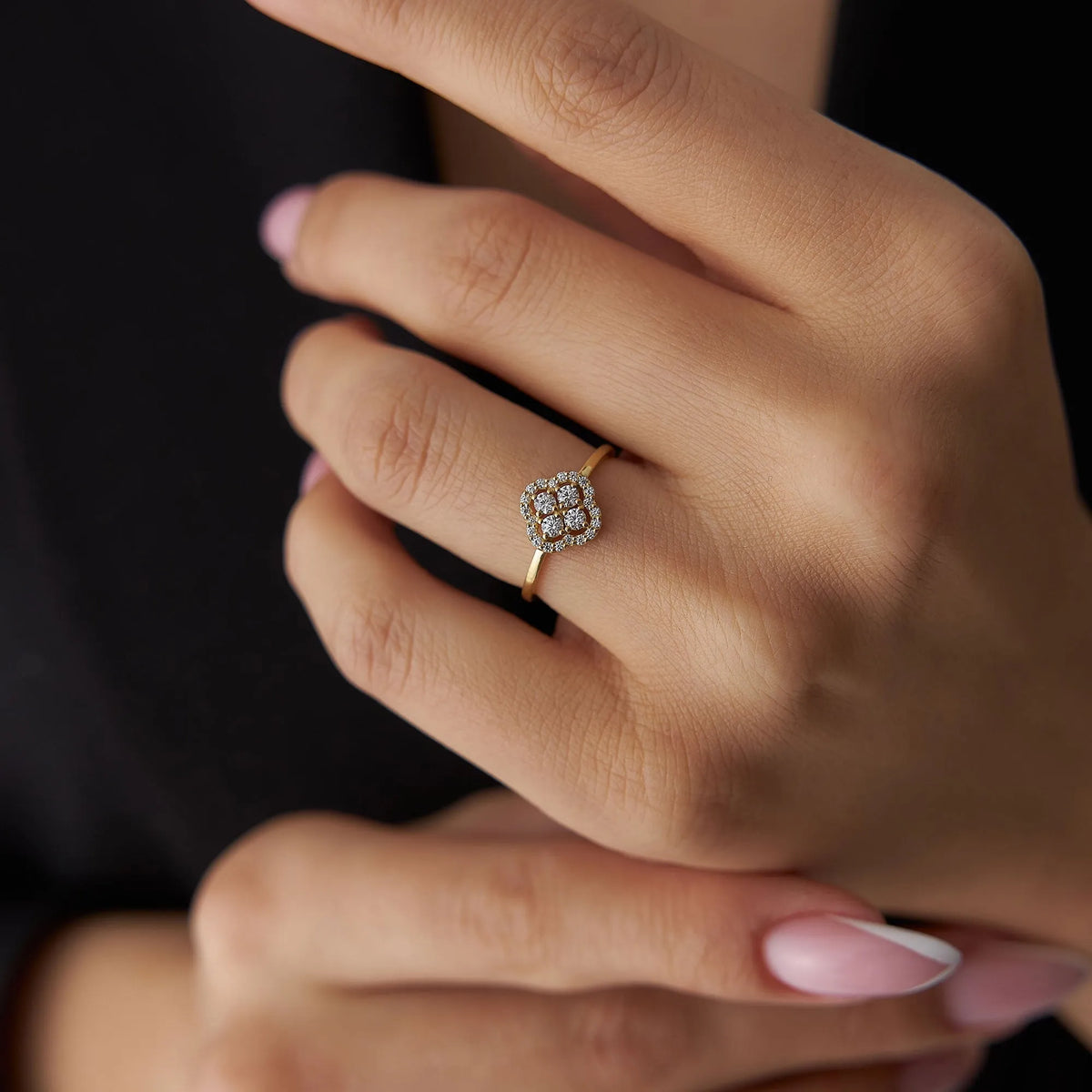 14K Solid Gold Round Diamond Clover Cluster Ring 0.35 CTW