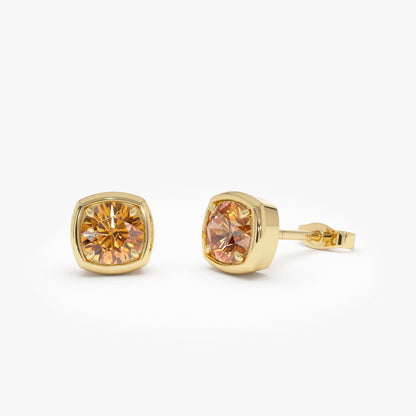 14K Solid Gold Round Citrine Cushion Shaped Stud Earrings 0.90ctw