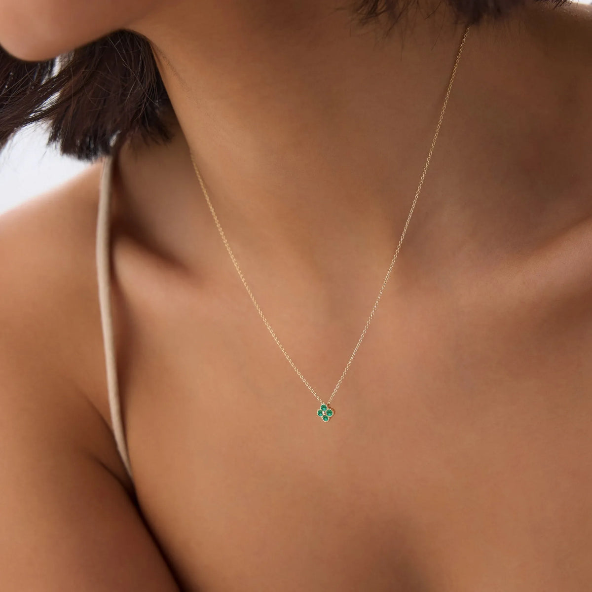 14k Solid Gold Round Emerald 0.15 CTW Clover Beaded Necklace Prong Setting