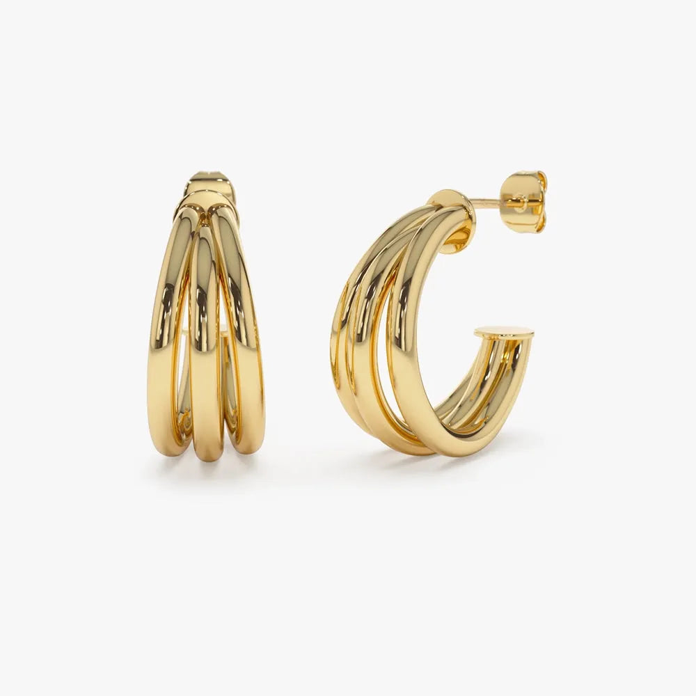14k Gold Triple Row Tube Statement Hoop Earrings 20mm Length 15.5mm Width