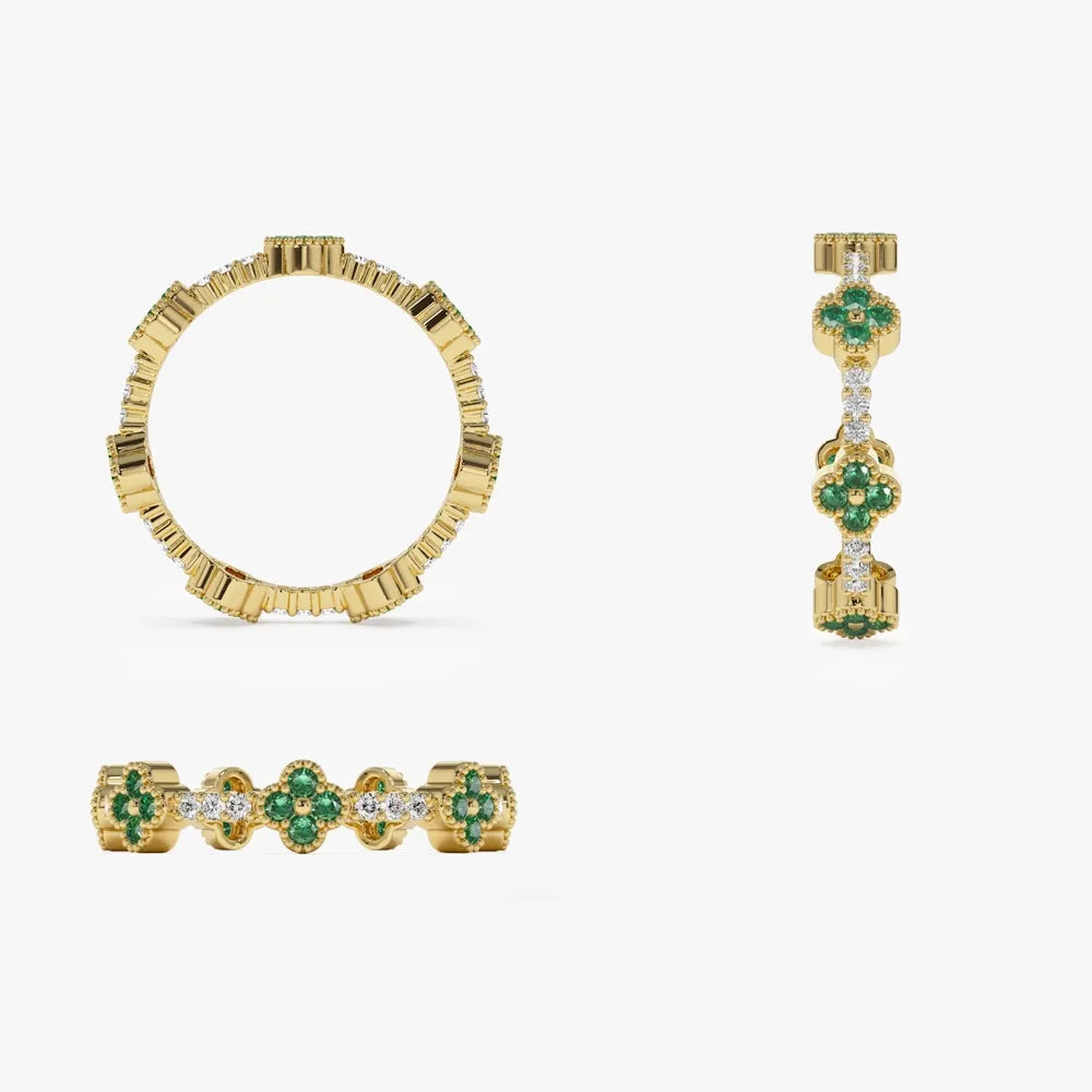 14K Solid Gold Round Emerald and Diamond Full Eternity Clover Ring 0.44 CTW