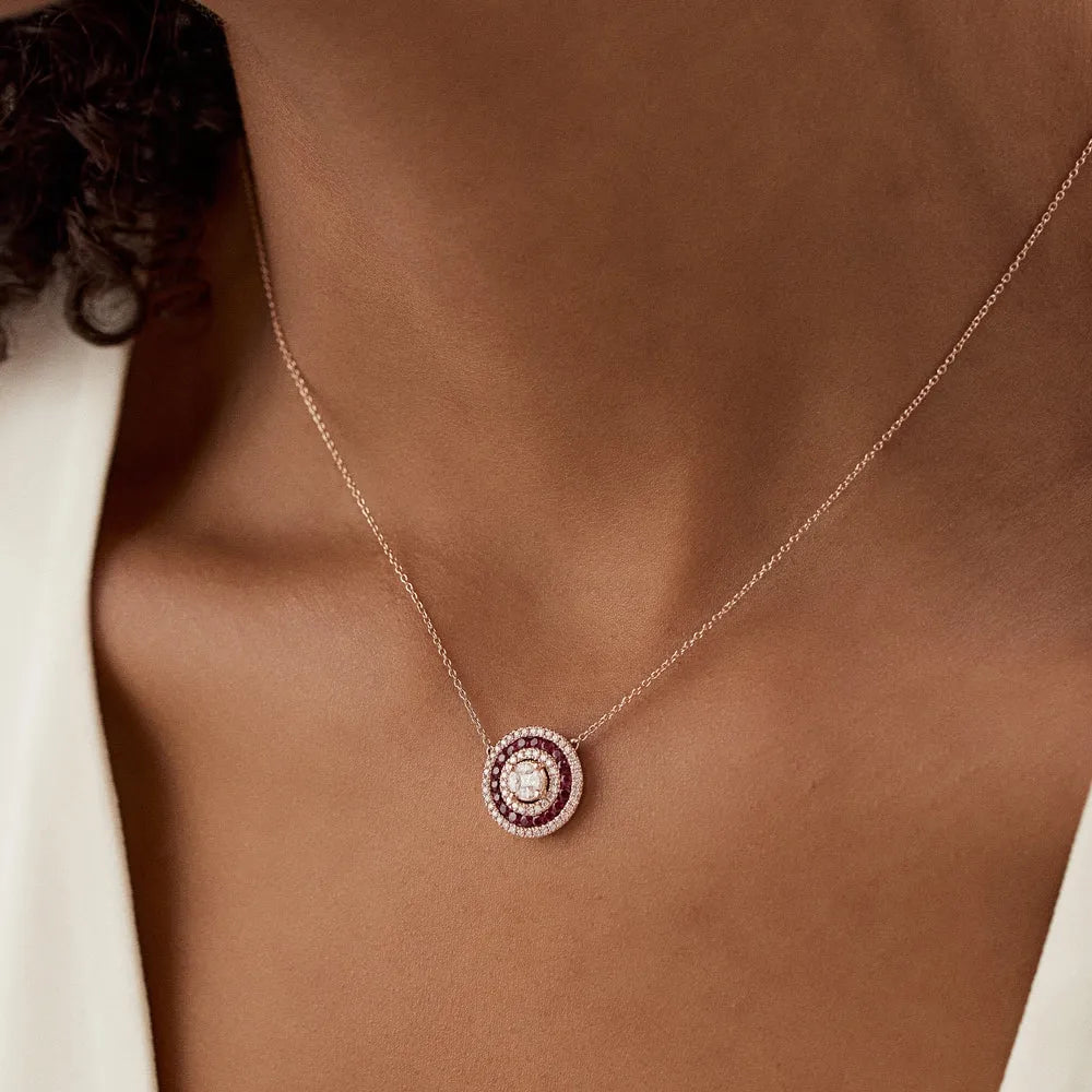 14k Solid Gold Ruby and Diamond Round Princess Marquise Illusion Medallion Necklace 0.75 Carat