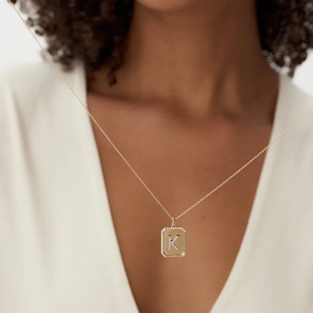 14K Solid Gold Baguette and Round Diamond Tag Initial Pendant Necklace 0.38ctw