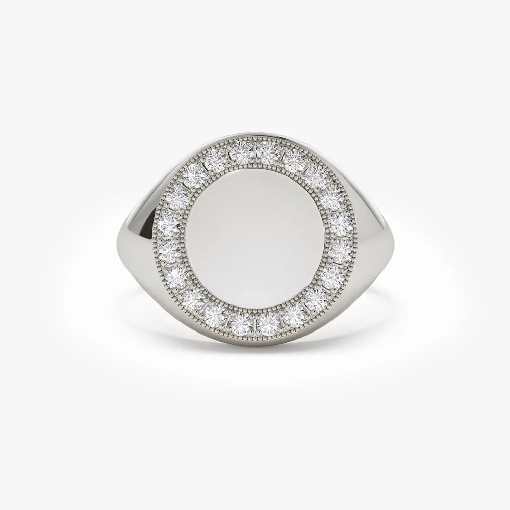 14K Gold 0.30ctw Round Diamond Engravable Circular Signet Ring