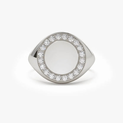 14K Gold 0.30ctw Round Diamond Engravable Circular Signet Ring