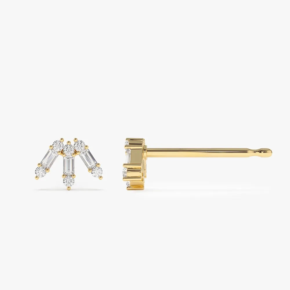 14k Gold Diamond Baguette and Round Cut Spike Stud Earrings Prong Setting 0.25 ctw