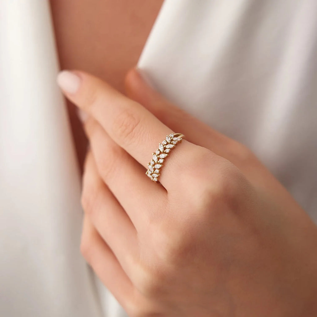 14K Gold Marquise and Round Diamond Two Row Ring