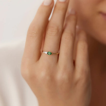 14K Solid Gold Pear Emerald and Round Diamond Three Stone Ring 0.30 CTW Handcrafted Jewelry