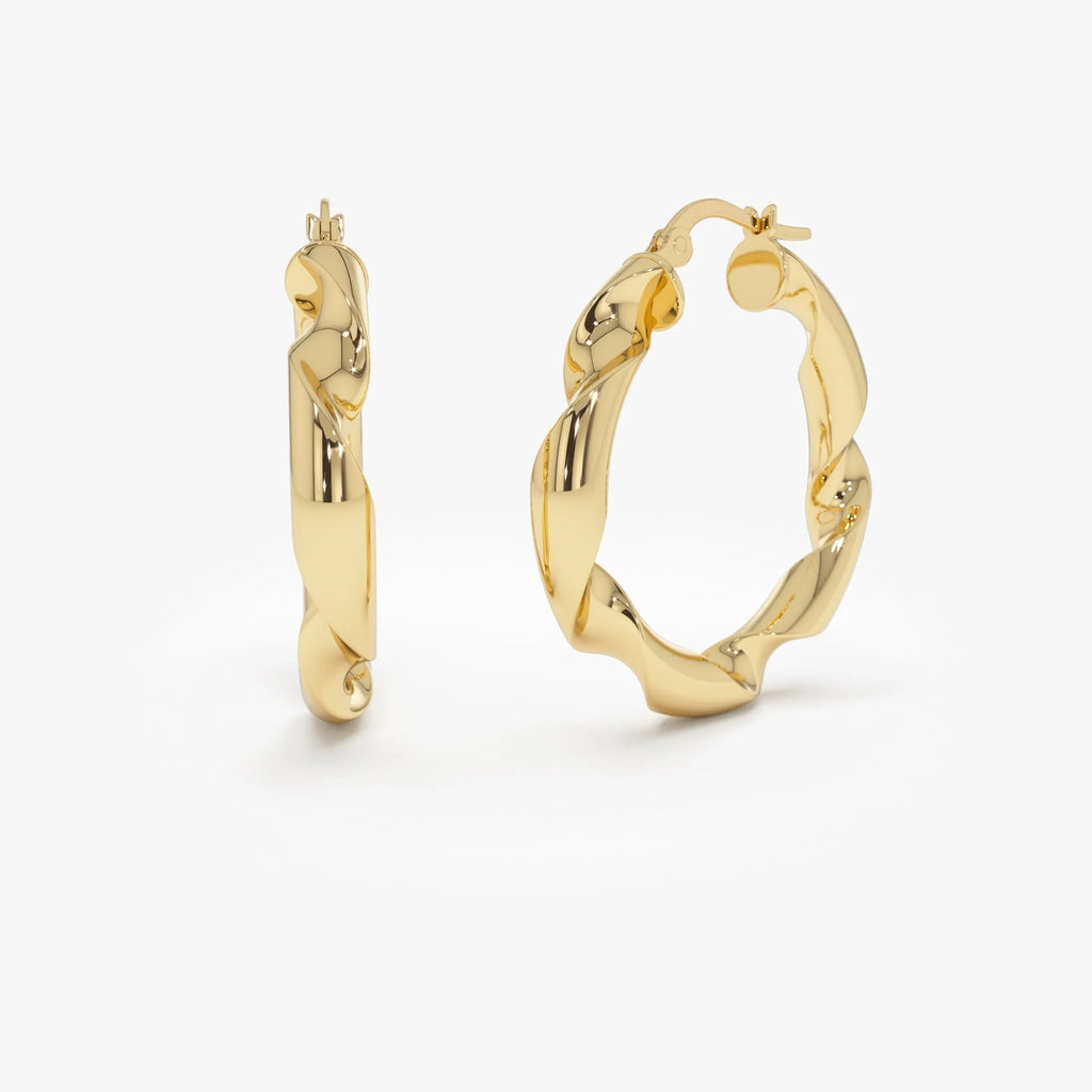 14k Yellow Gold Twisted Textured Chunky Hoop Earrings 30mm 4.4mm Width