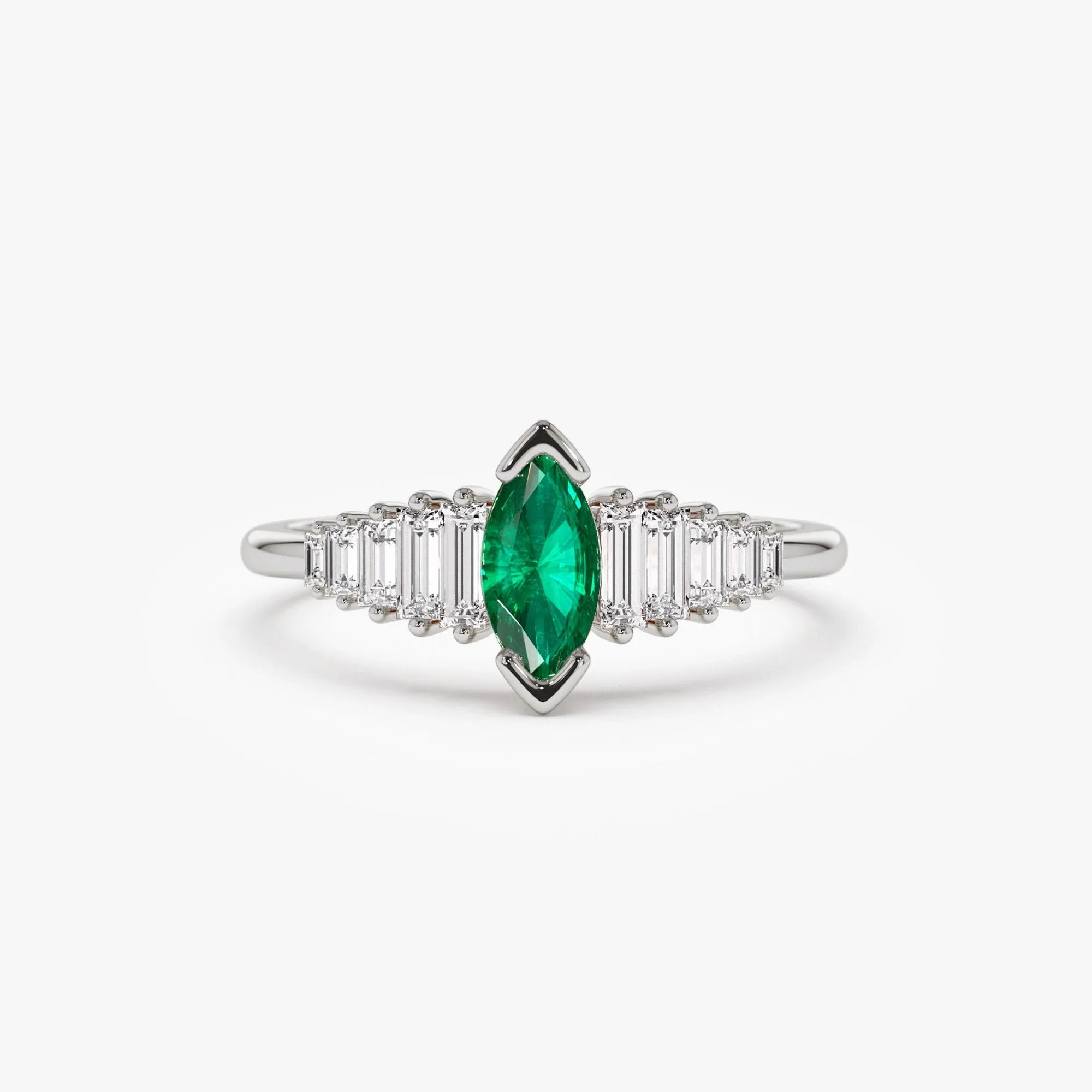 14K Solid Gold Marquise Emerald and Baguette Diamond Ring 0.75 CTW