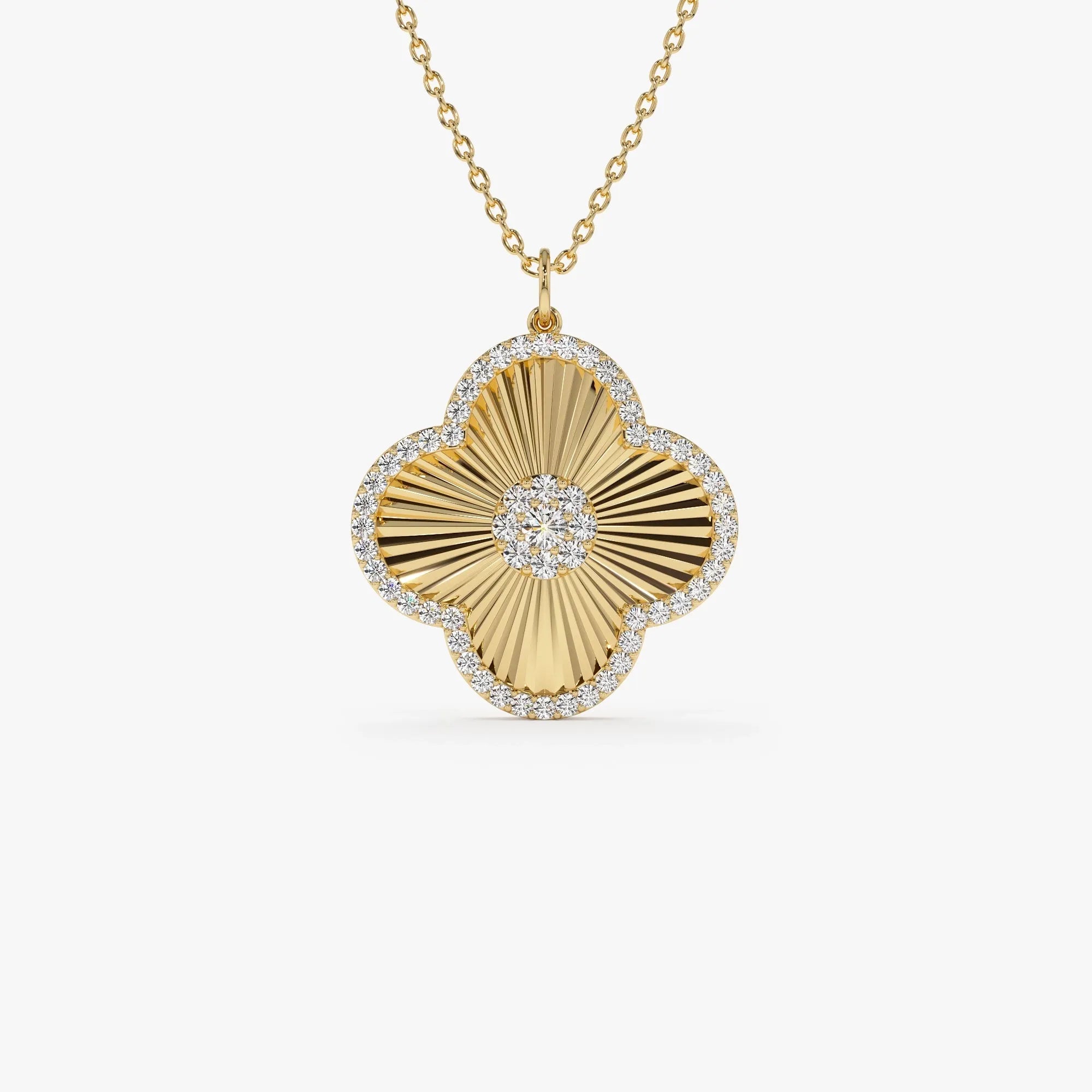 14K Solid Gold 0.38 CTW Round Diamond Textured Clover Charm Pendant Necklace