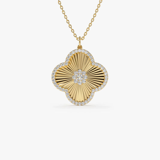 14K Solid Gold 0.38 CTW Round Diamond Textured Clover Charm Pendant Necklace