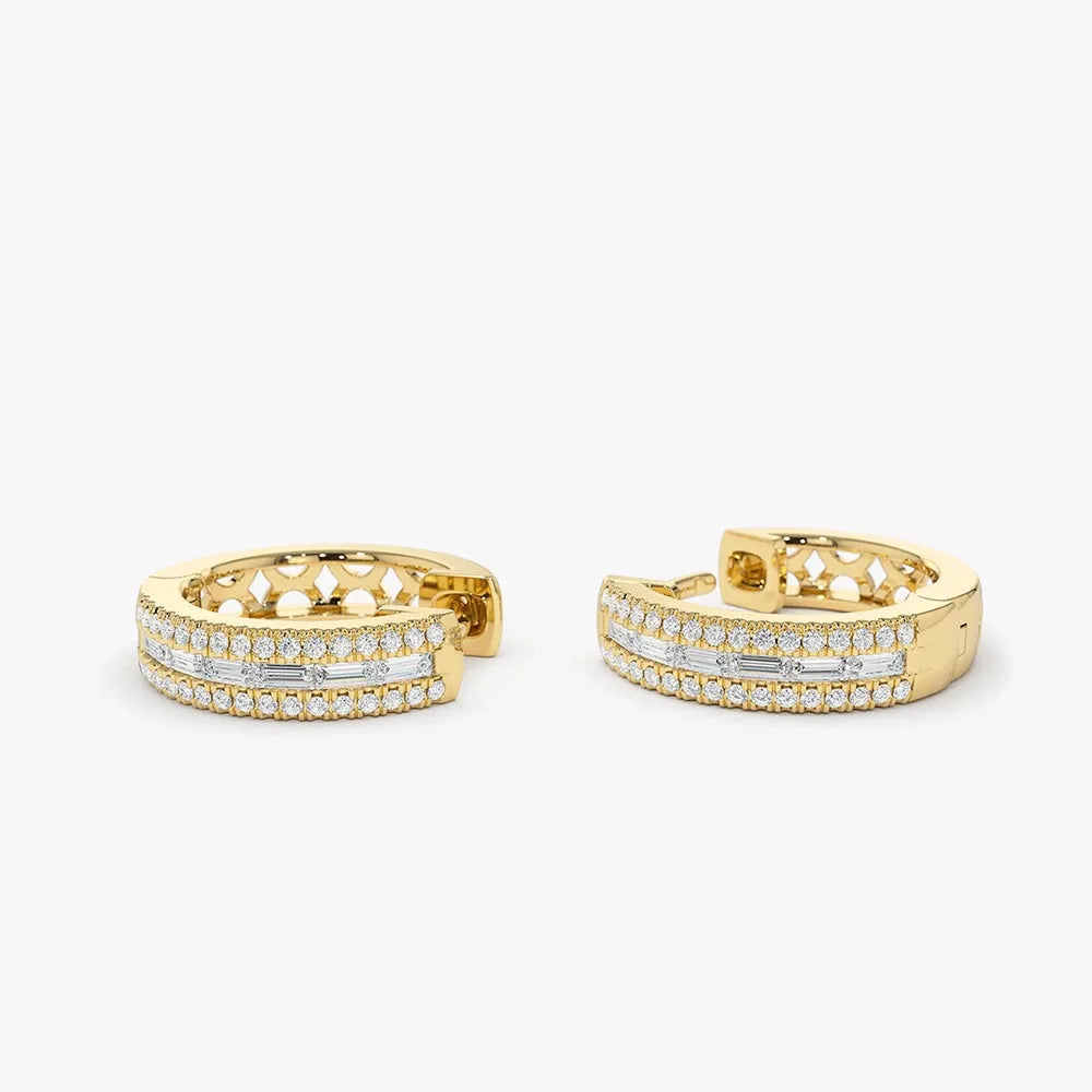 14k Gold Diamond Baguette and Round Cut Pave Hoop Earrings 0.50 ctw