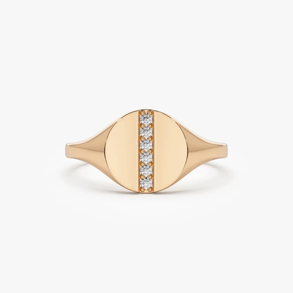 14k Gold Diamond Round Cut Pave Line Signet Pinky Ring 0.07 ctw