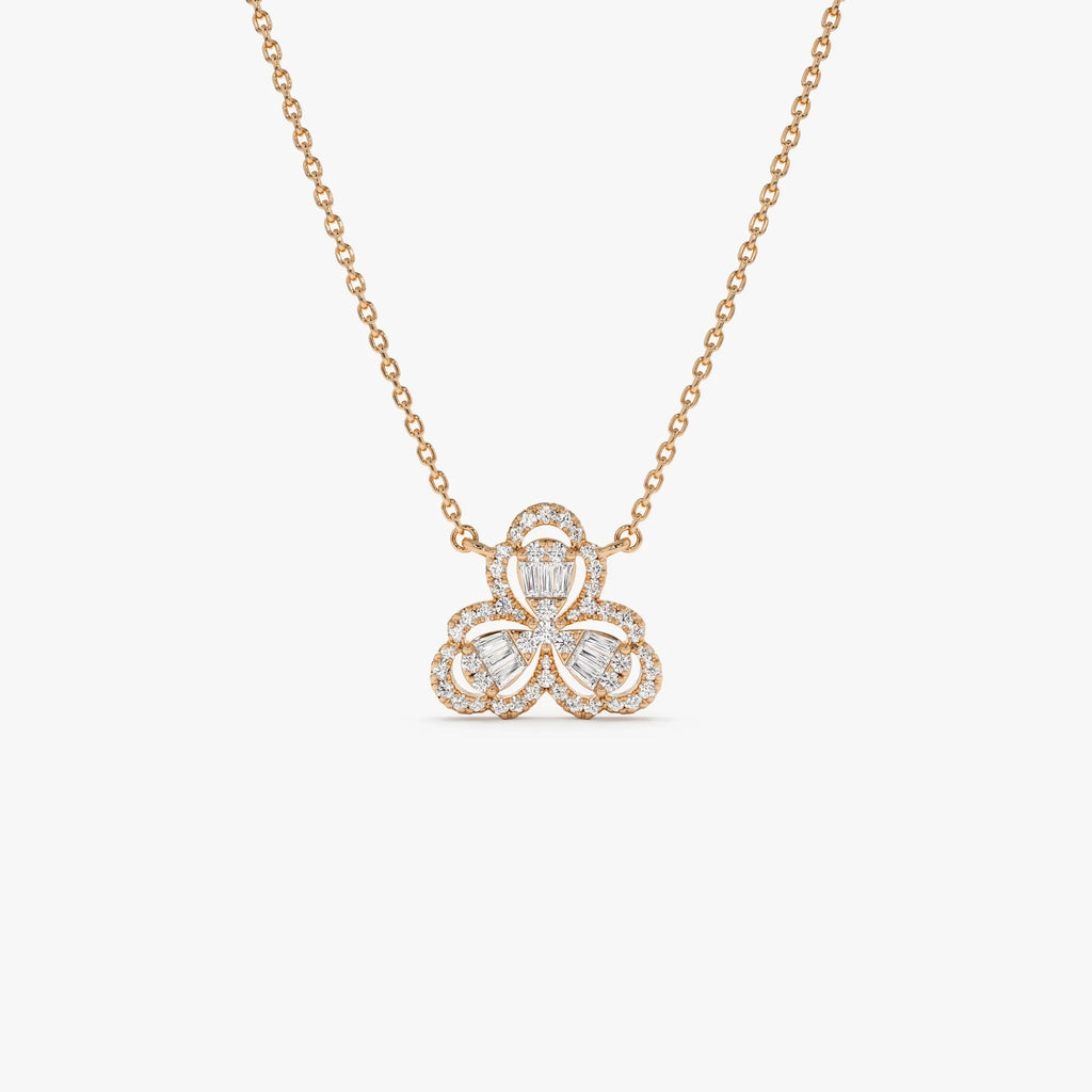 14K Solid Gold 0.25 CTW Round and Baguette Diamond Clover Necklace Prong Setting