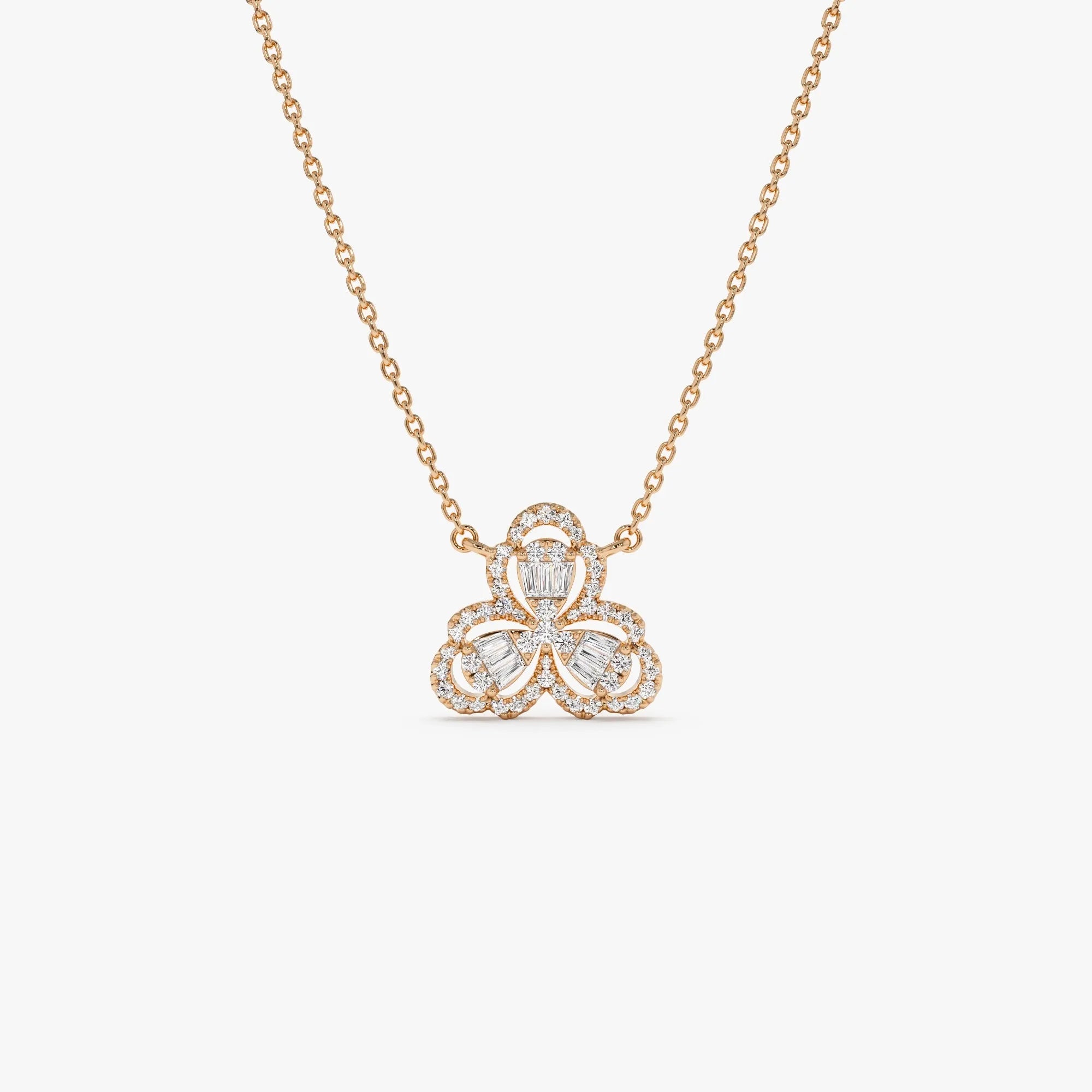 14K Solid Gold 0.25 CTW Round and Baguette Diamond Clover Necklace Prong Setting