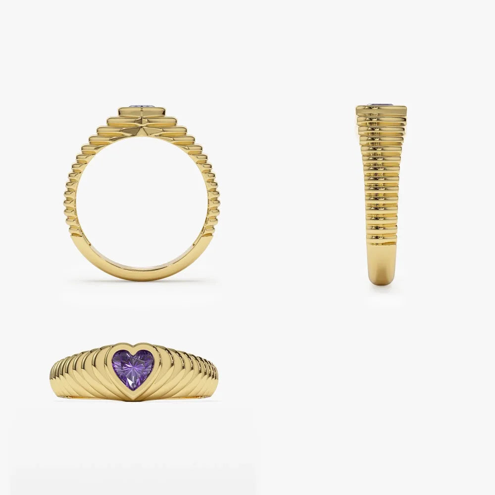 14K Solid Gold Heart Shape Amethyst 0.40 Carat Dome Beveled Ring